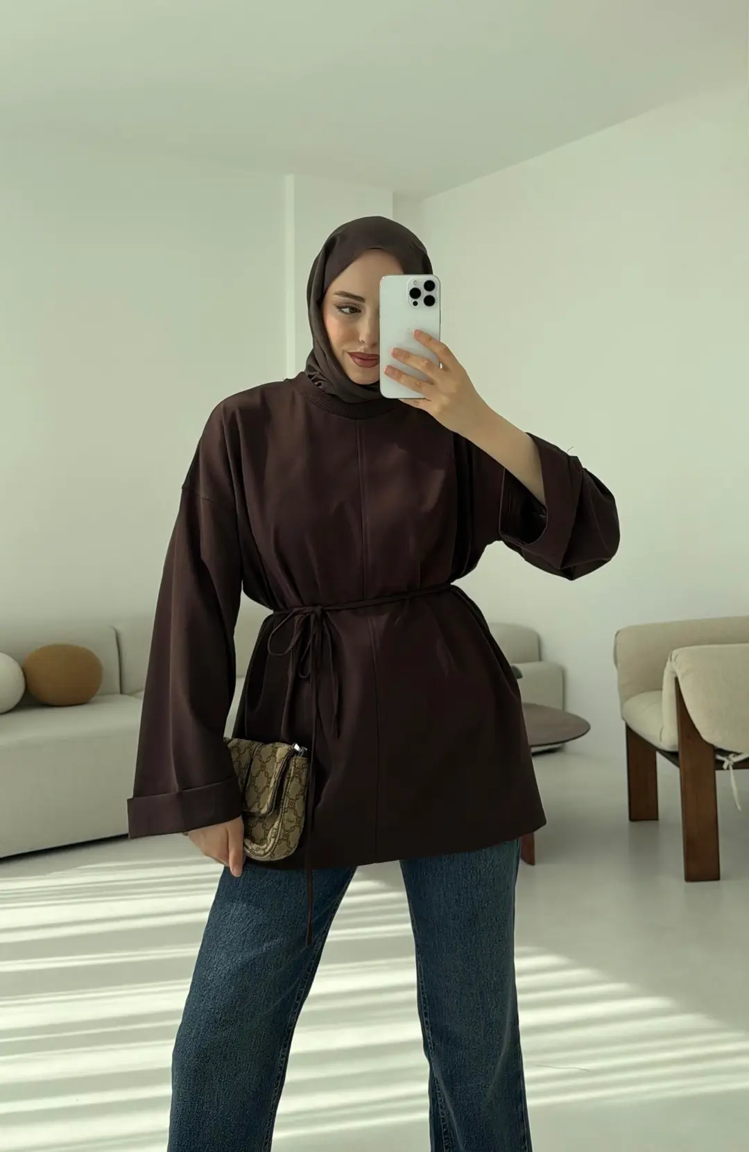Bağlamalı Yanı Yırtmaç Detay Sweat Kahve