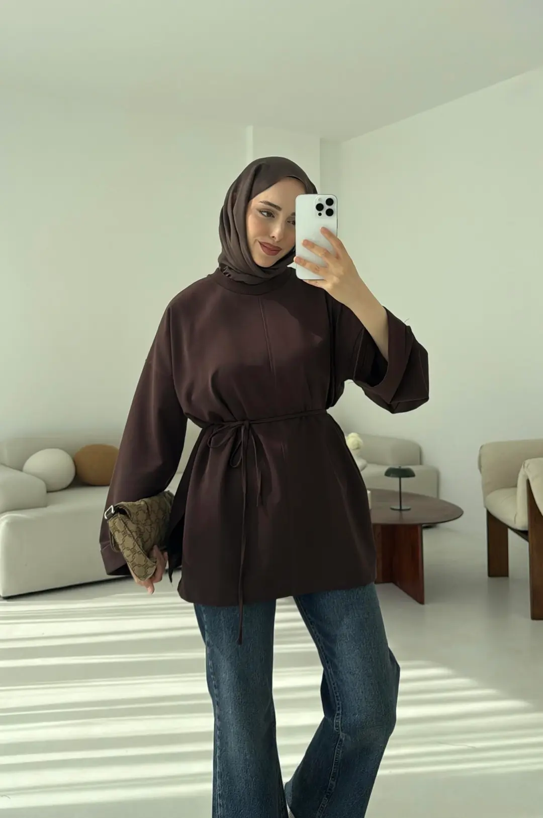 Bağlamalı Yanı Yırtmaç Detay Sweat Kahve