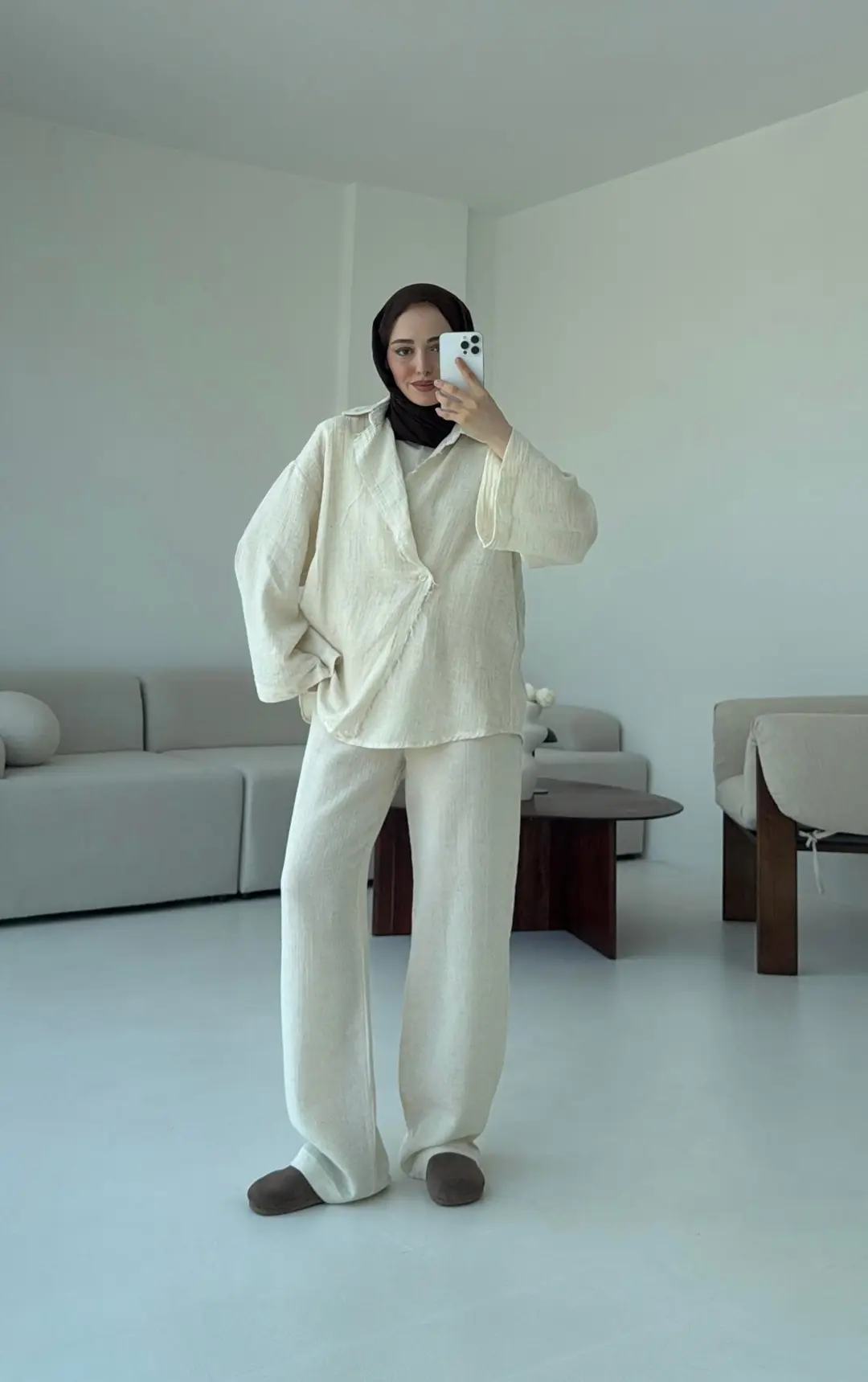 Müslin Düğmeli Kimono Takım Naturel