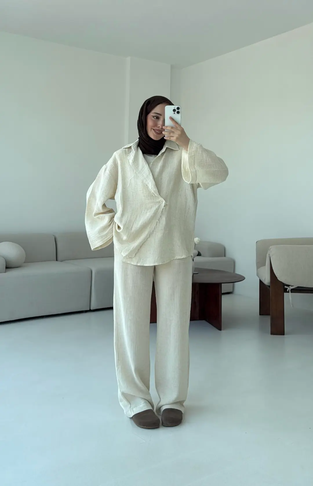 Müslin Düğmeli Kimono Takım Naturel