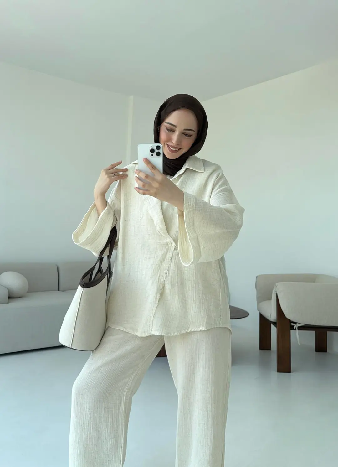 Müslin Düğmeli Kimono Takım Naturel
