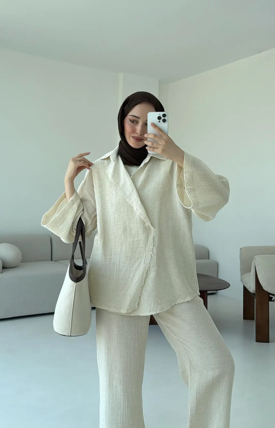 Müslin Düğmeli Kimono Takım Naturel