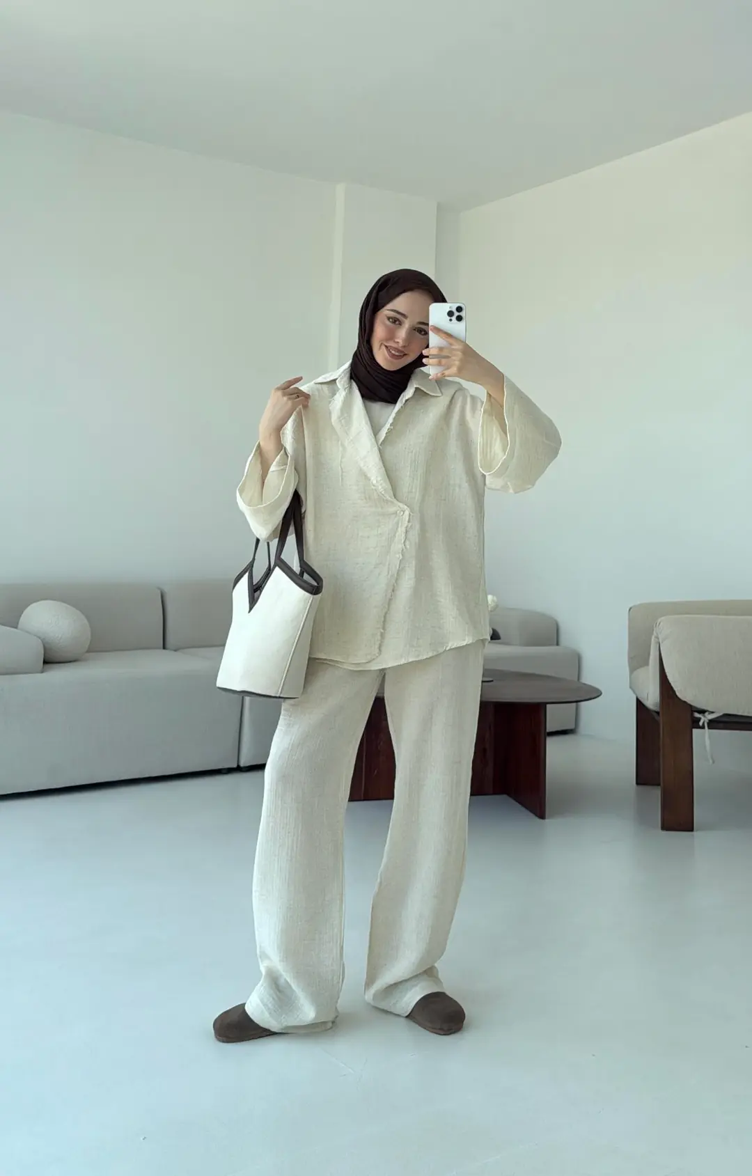 Müslin Düğmeli Kimono Takım Naturel