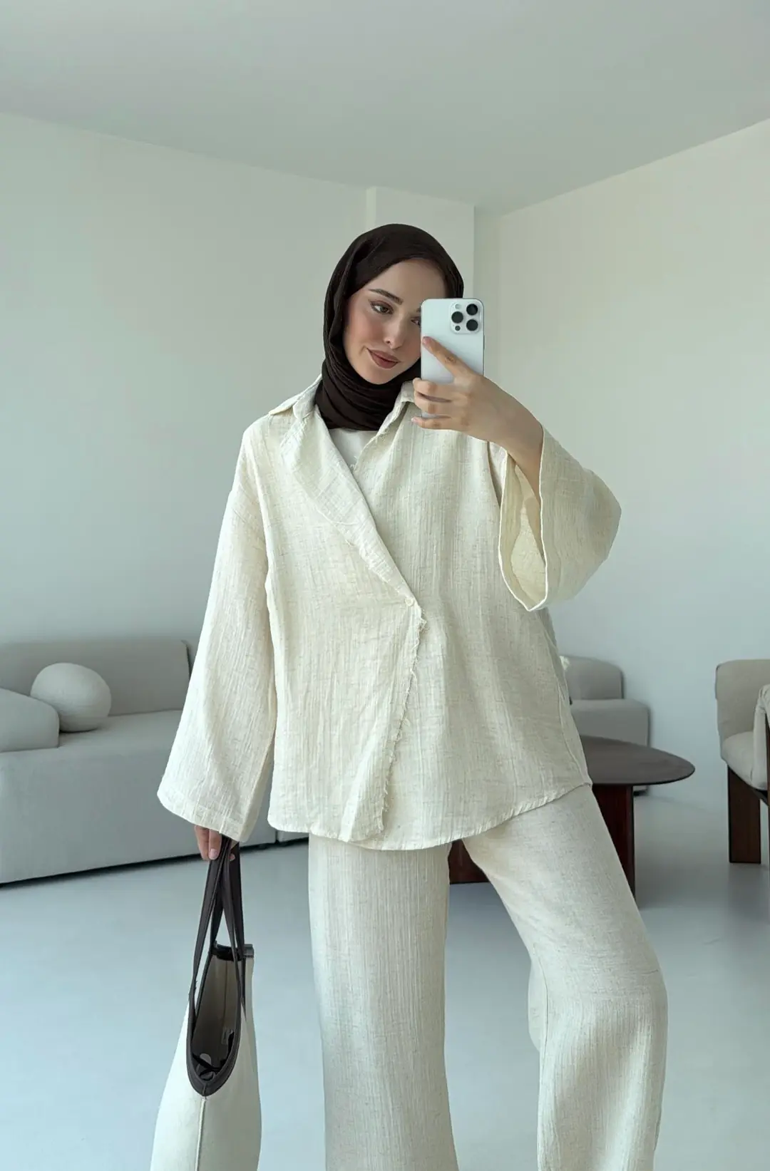 Müslin Düğmeli Kimono Takım Naturel