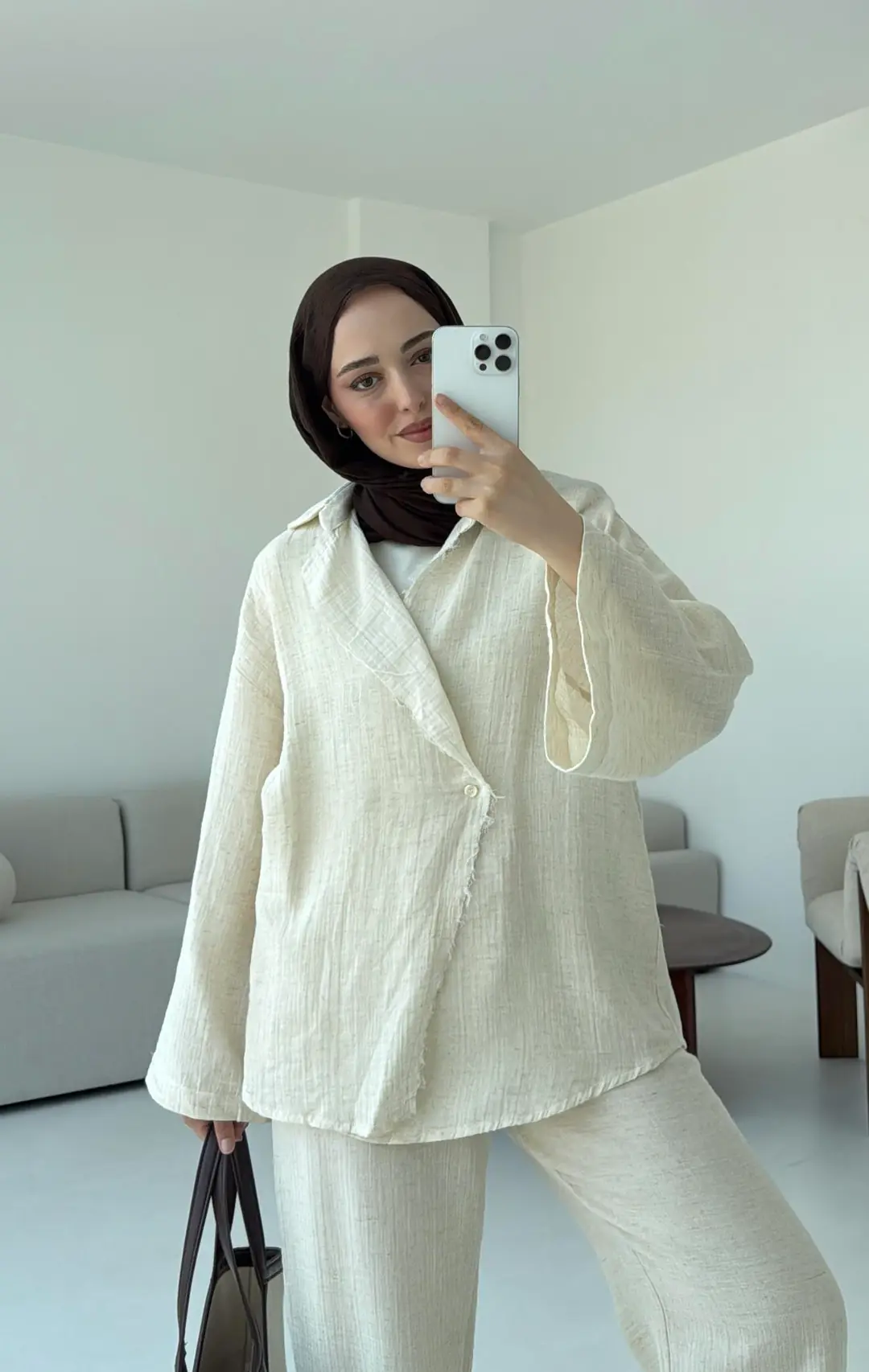 Müslin Düğmeli Kimono Takım Naturel