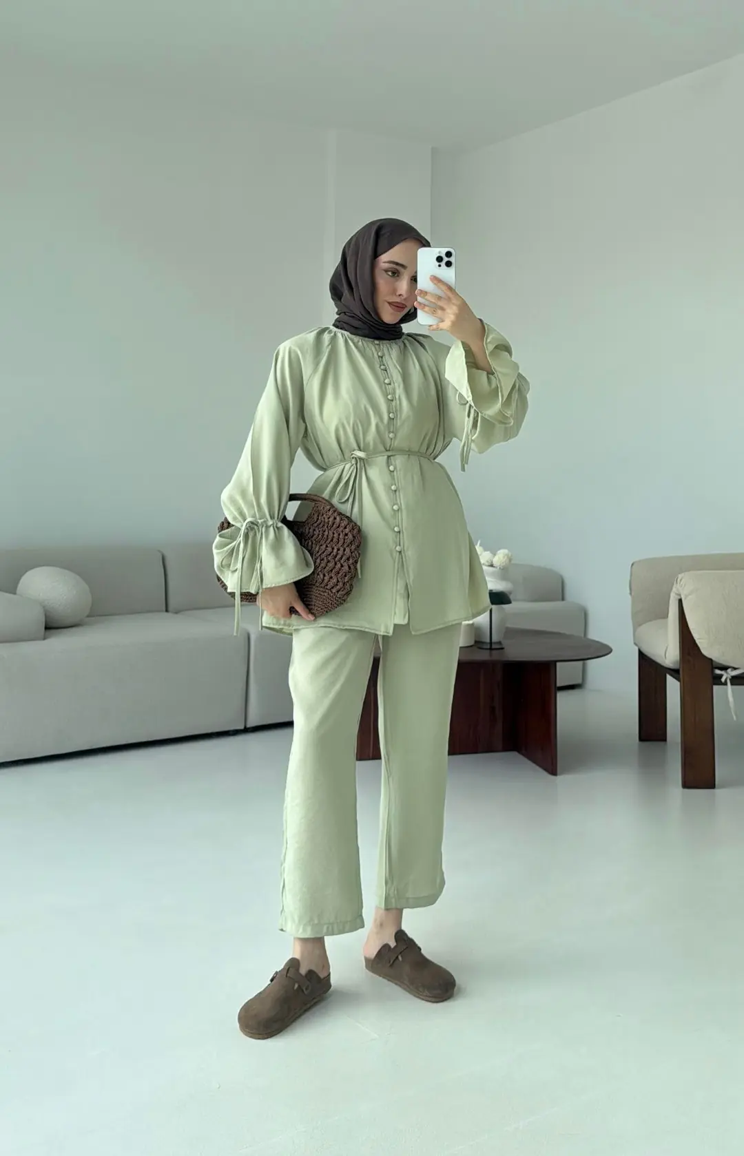 Birit  Düğmeli Tencel Takım Küf Yeşili