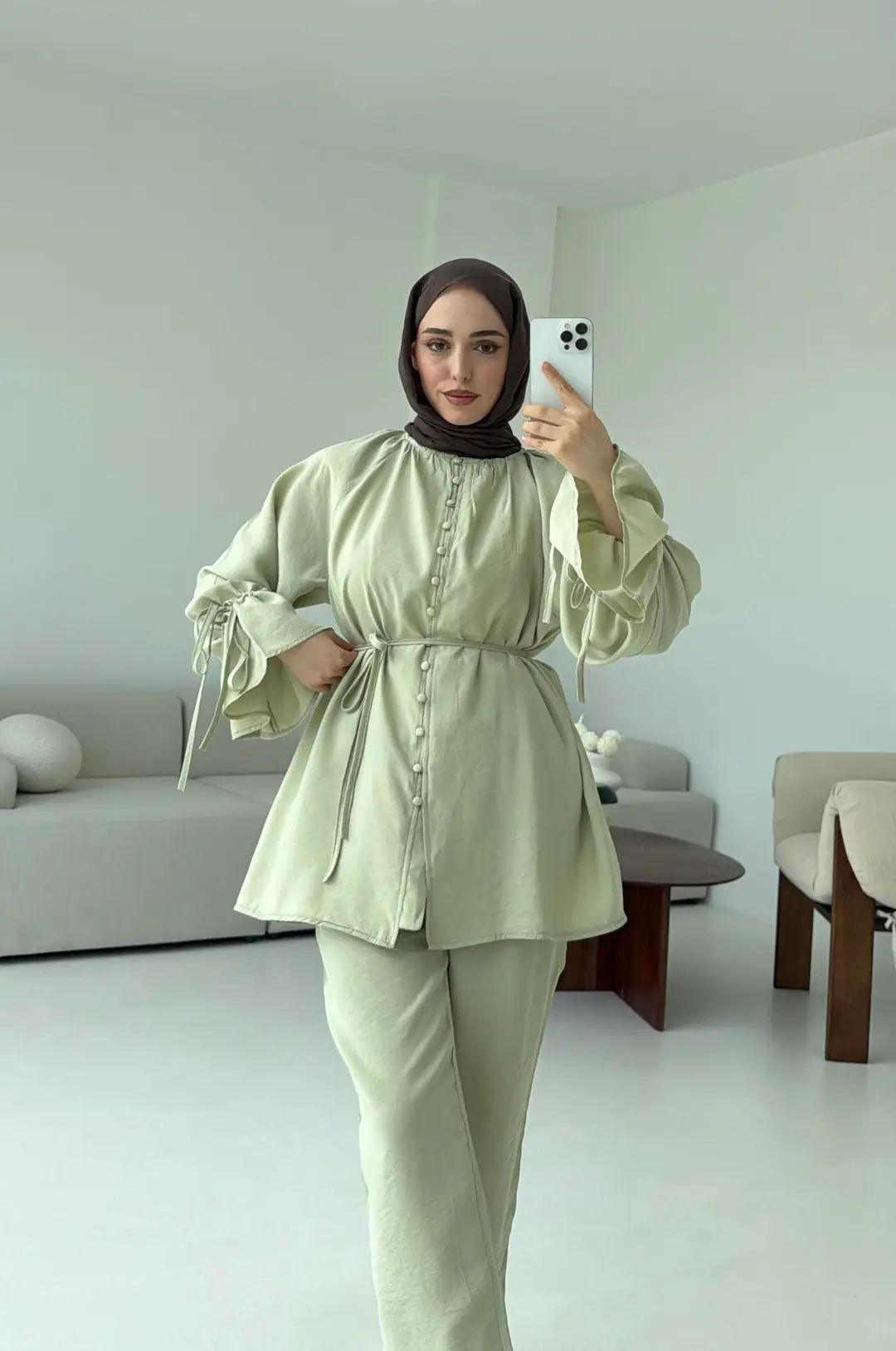 Birit  Düğmeli Tencel Takım Küf Yeşili