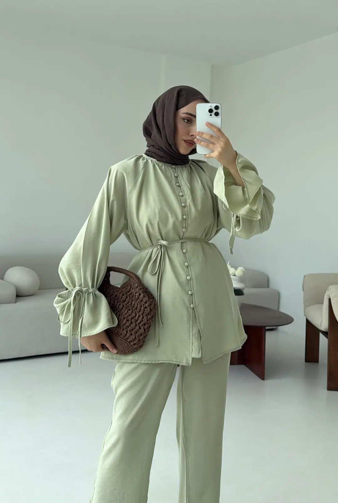 Birit  Düğmeli Tencel Takım Küf Yeşili