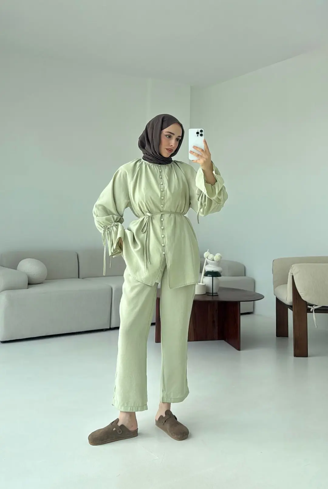 Birit  Düğmeli Tencel Takım Küf Yeşili