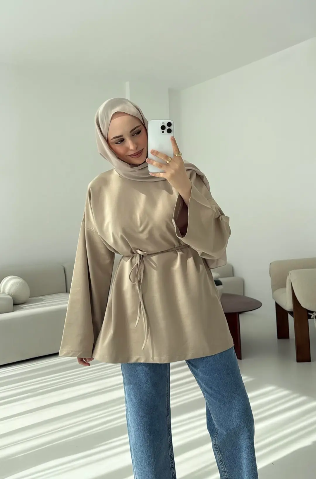 İki iplik Baglamalı Bluz Bej