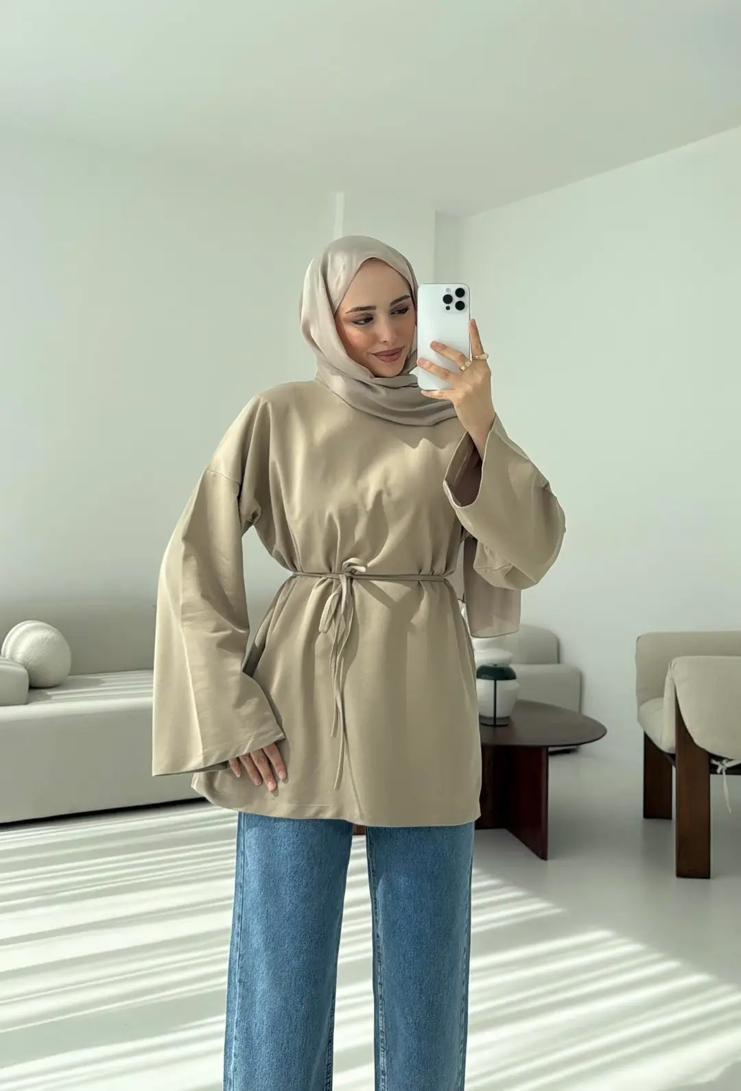 İki iplik Baglamalı Bluz Bej