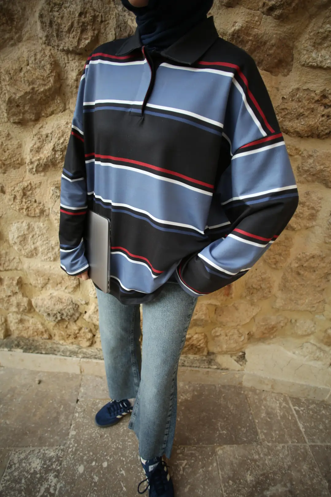 Lacivert Çizgili Polo Yaka Sweatshrt