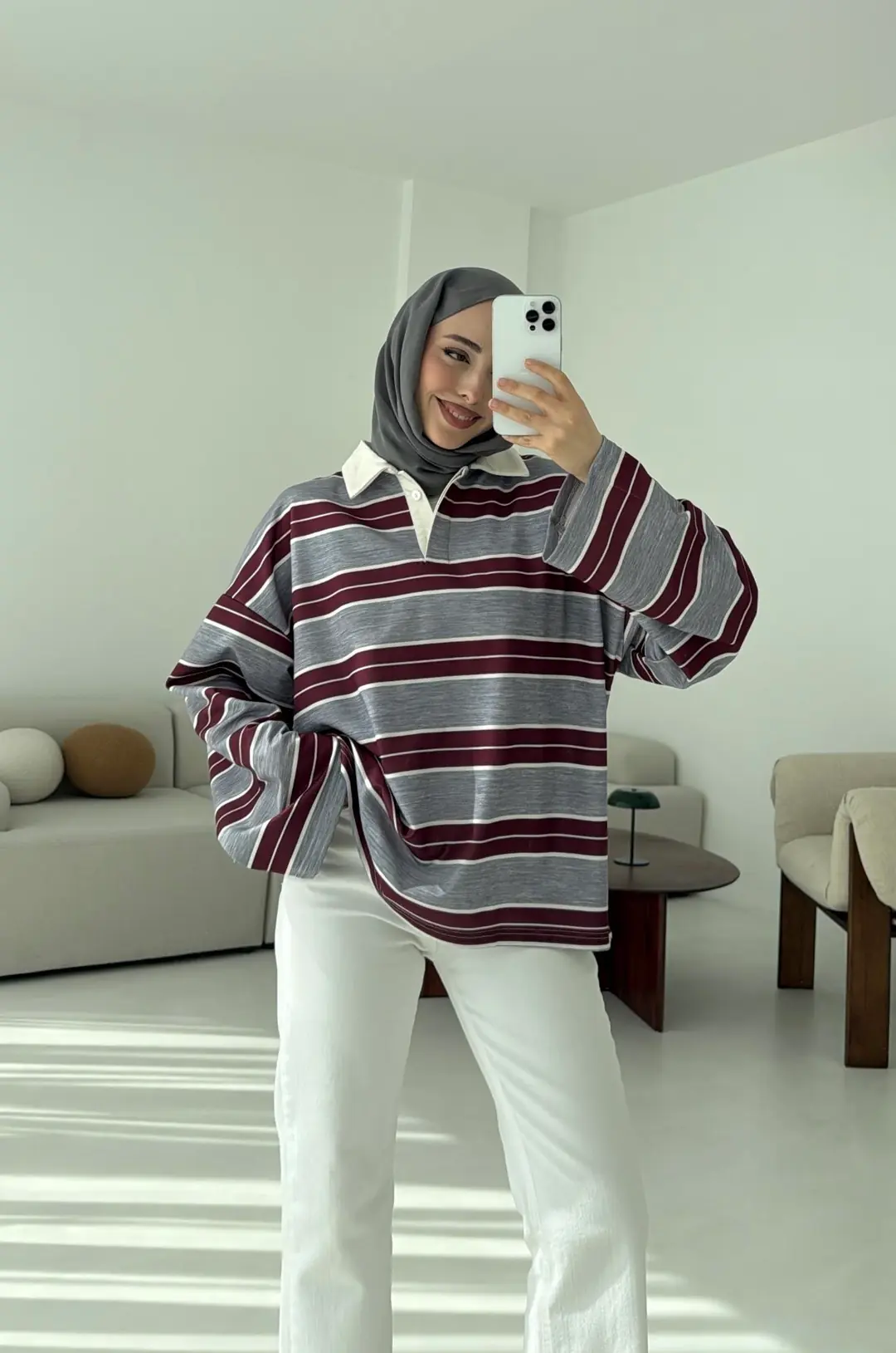 Gri Çizgili Polo Yaka Sweatshrt