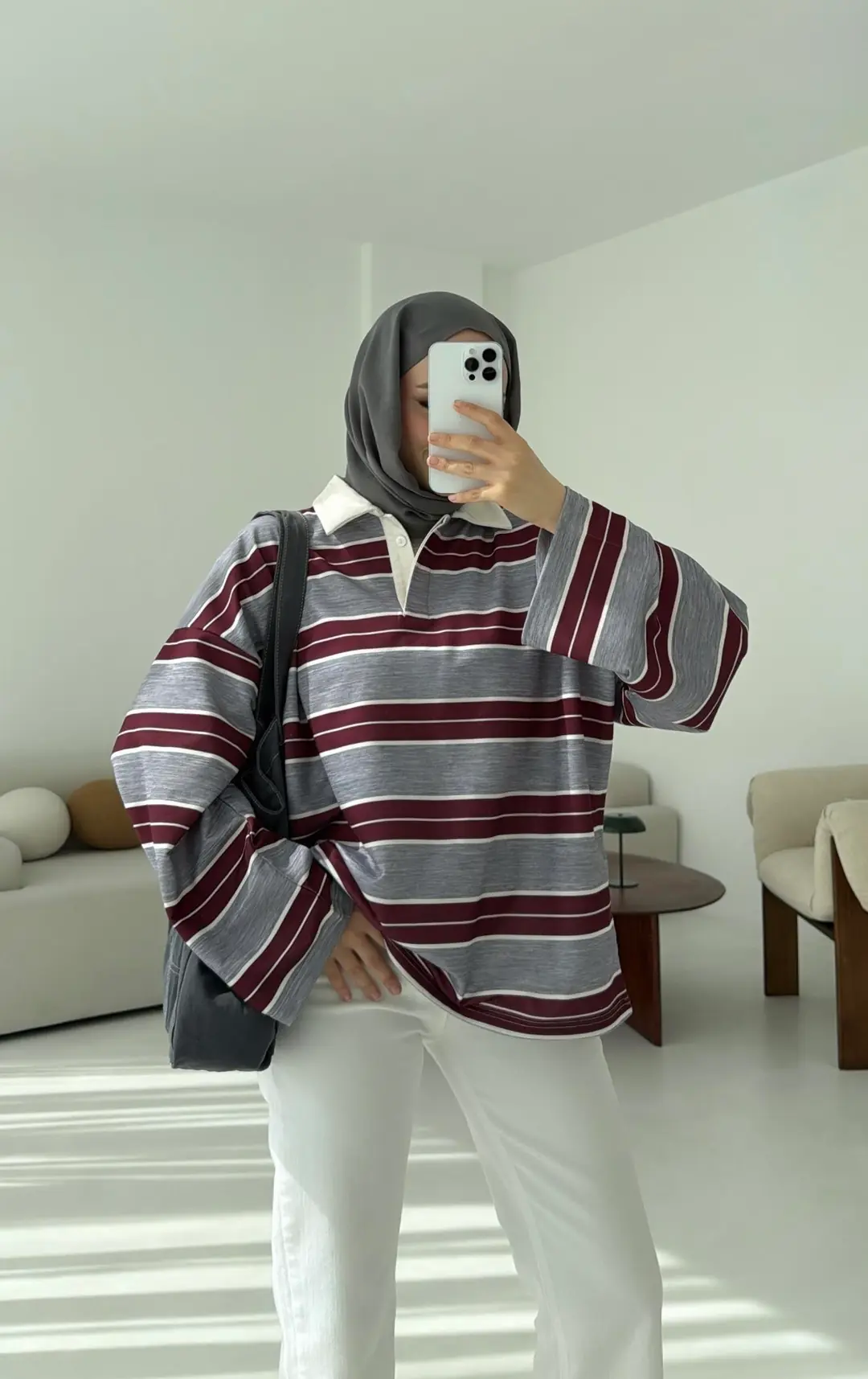 Gri Çizgili Polo Yaka Sweatshrt