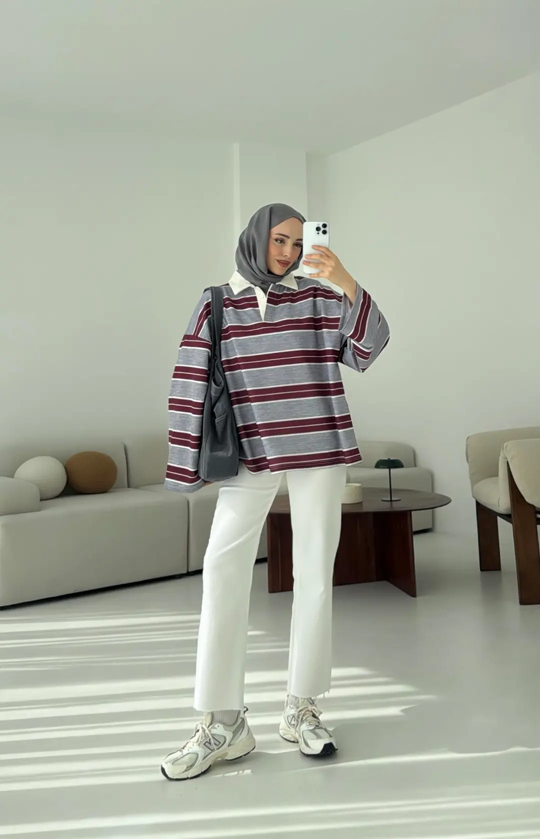 Gri Çizgili Polo Yaka Sweatshrt