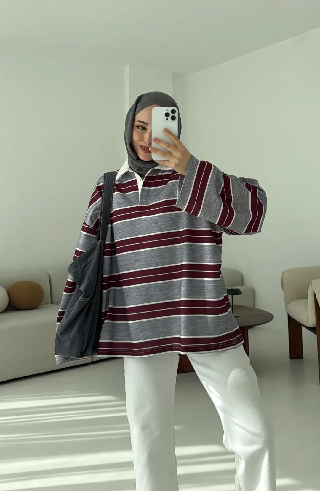 Gri Çizgili Polo Yaka Sweatshrt