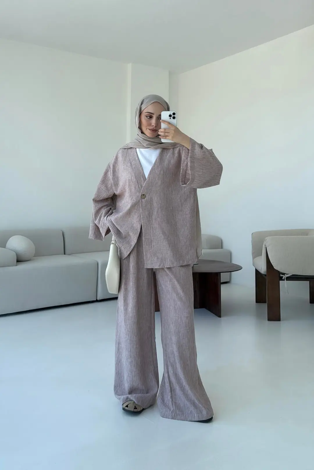 Oversize Tek Dügmeli Keten Takım Gül Kurusu