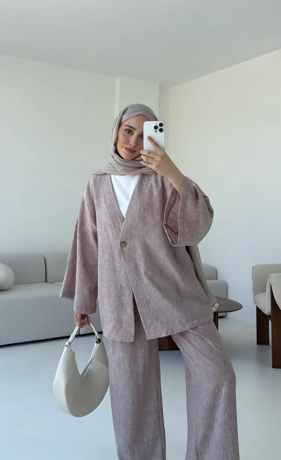 Oversize Tek Dügmeli Keten Takım Gül Kurusu