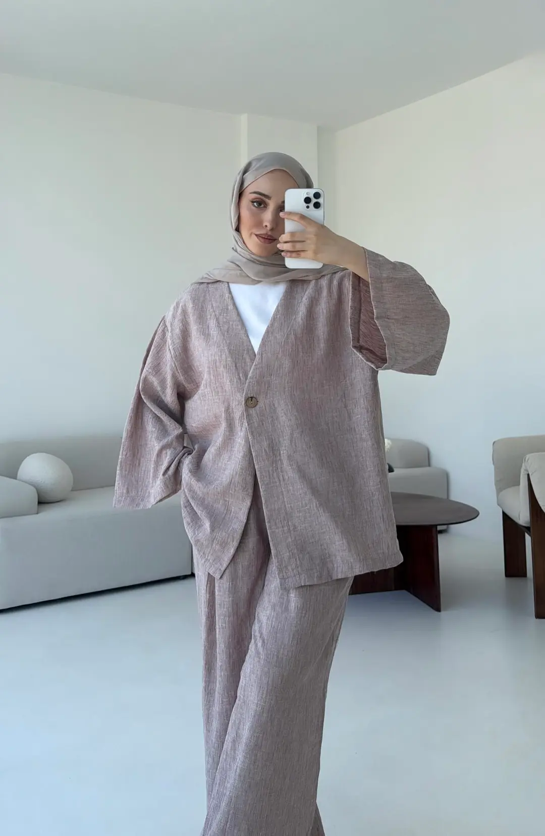 Oversize Tek Dügmeli Keten Takım Gül Kurusu