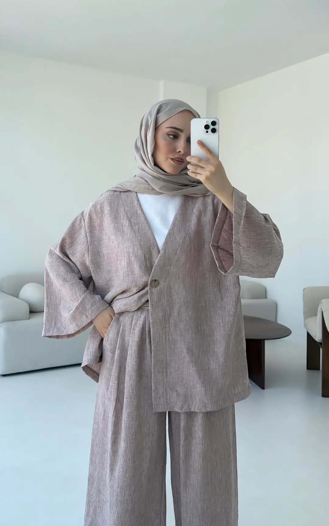 Oversize Tek Dügmeli Keten Takım Gül Kurusu