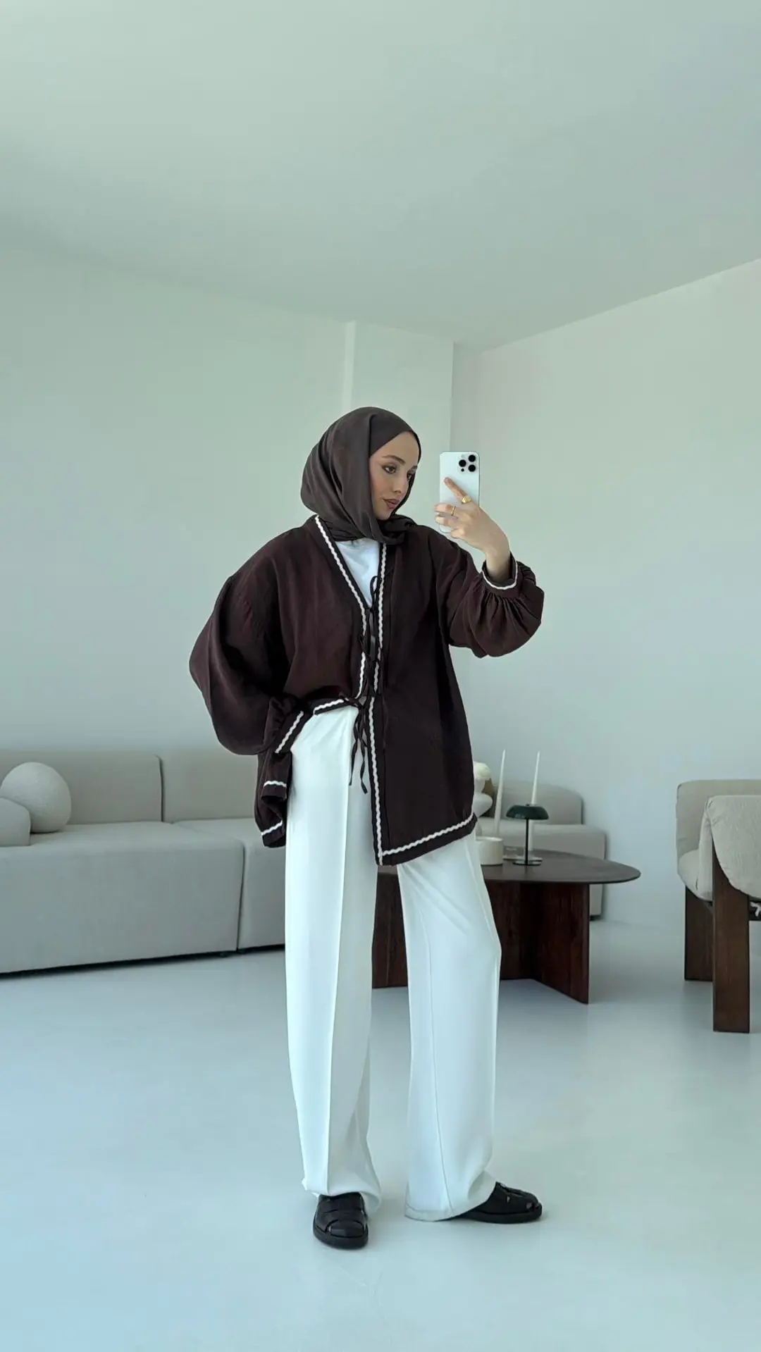 Bağlamalı Dantel Detay Kimono Kahve