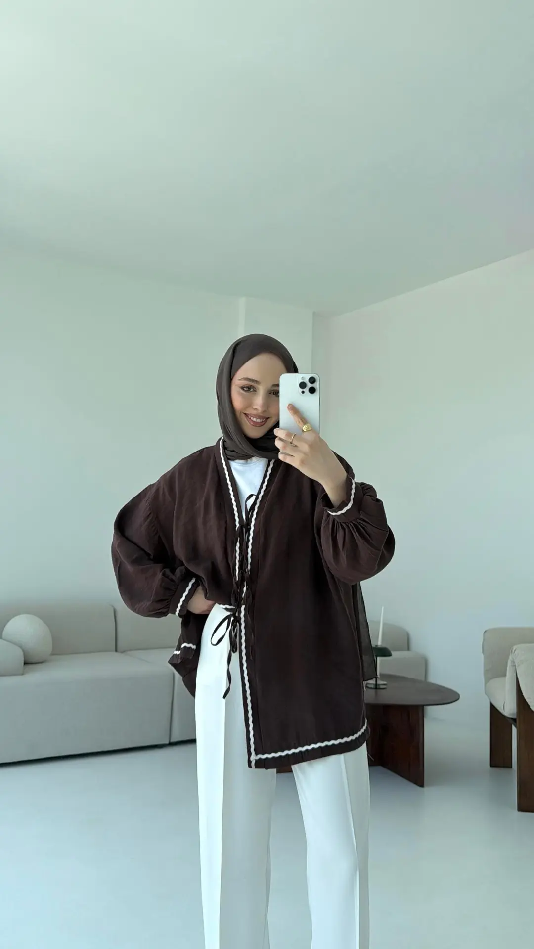 Bağlamalı Dantel Detay Kimono Kahve