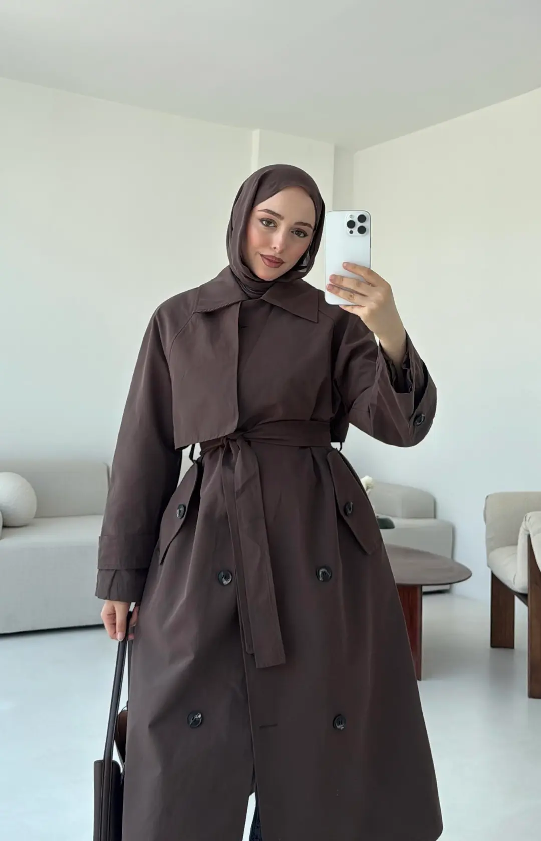Kuşaklı Premium Trençkot Kahve