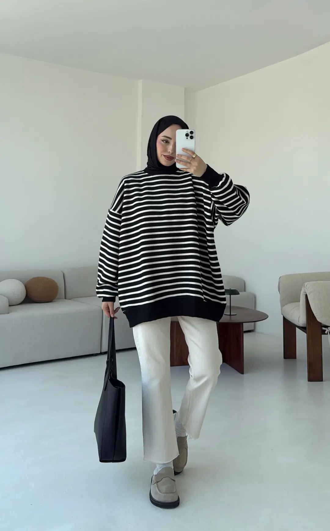 Çizgili Oversize Sweatshirt Siyah