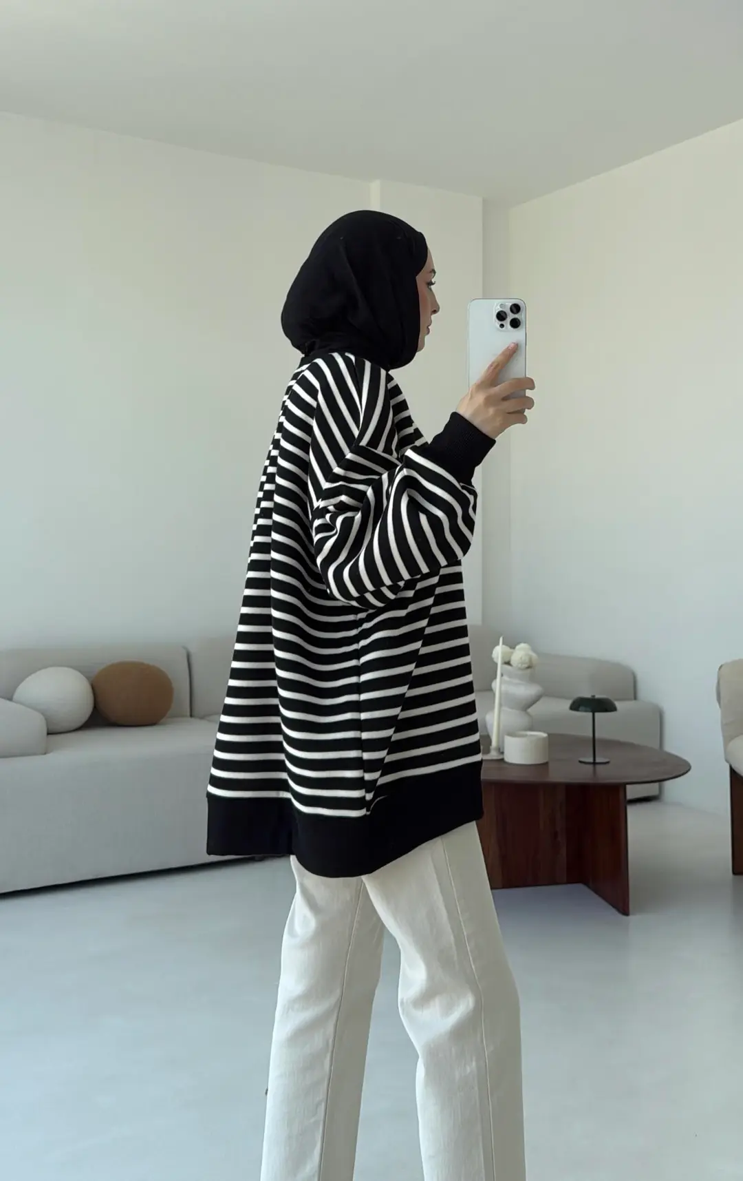 Çizgili Oversize Sweatshirt Siyah