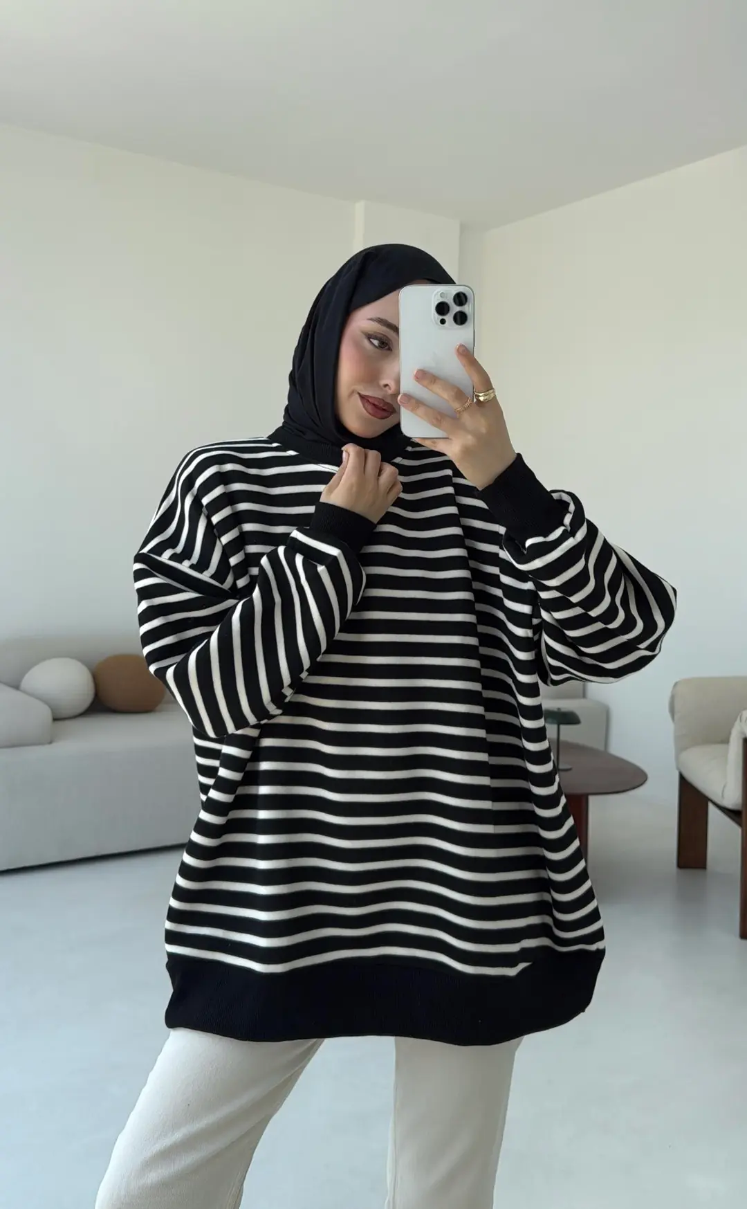 Çizgili Oversize Sweatshirt Siyah