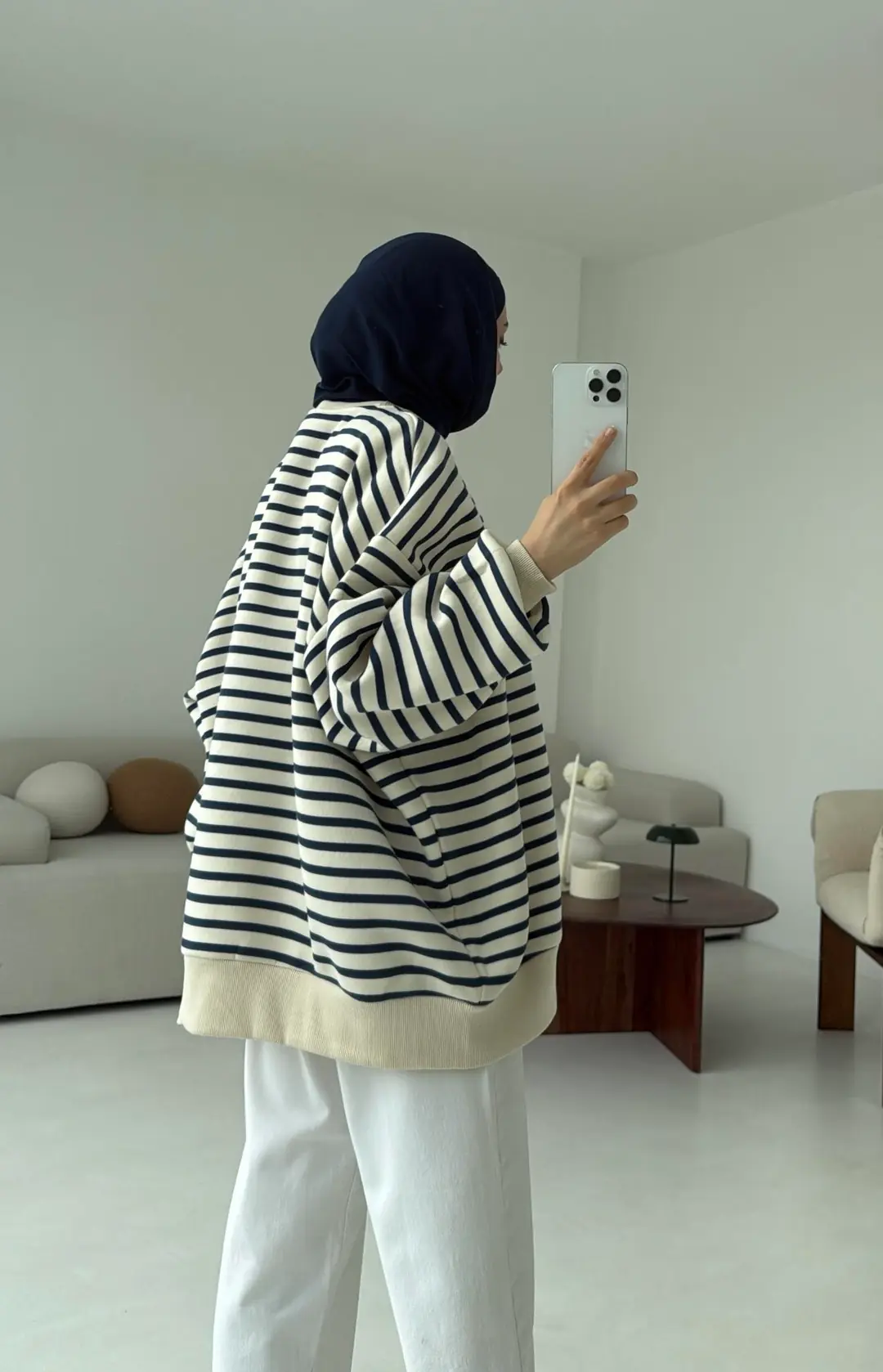 Çizgili Oversize Sweatshirt Lacivert