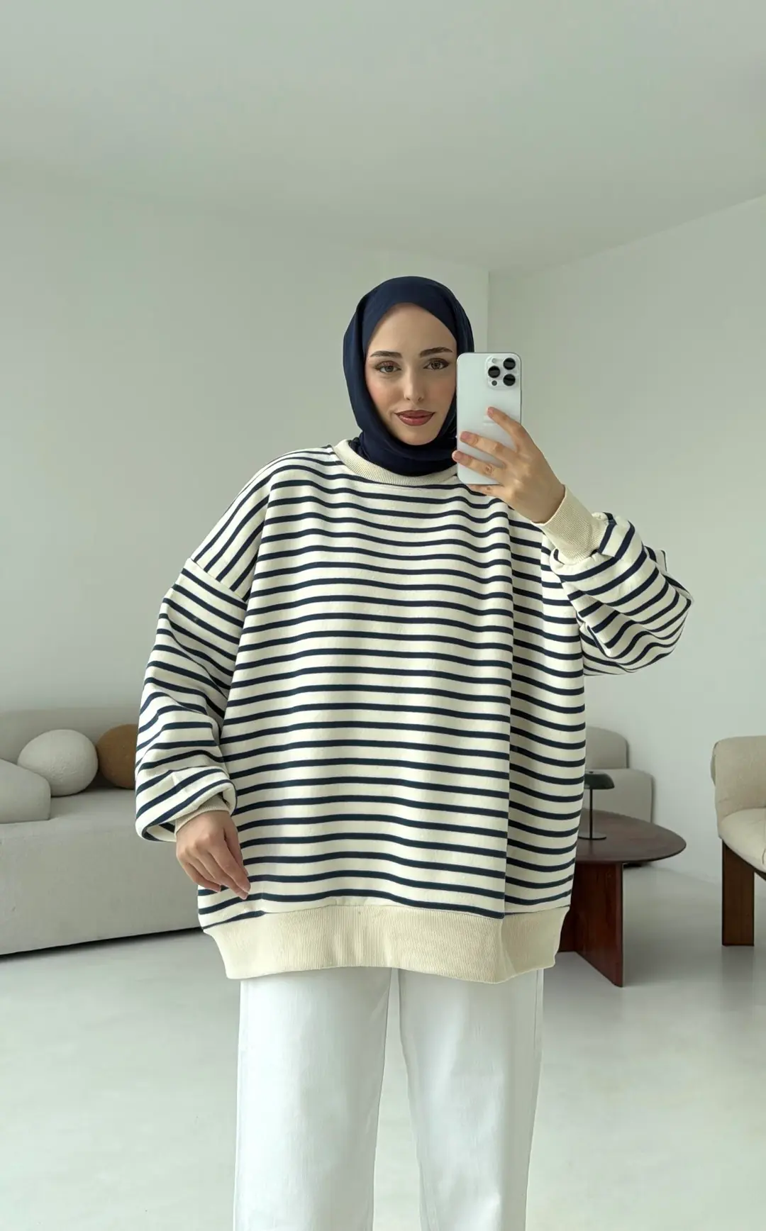 Çizgili Oversize Sweatshirt Lacivert