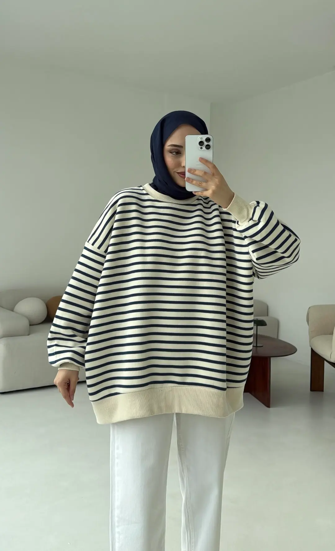 Çizgili Oversize Sweatshirt Lacivert