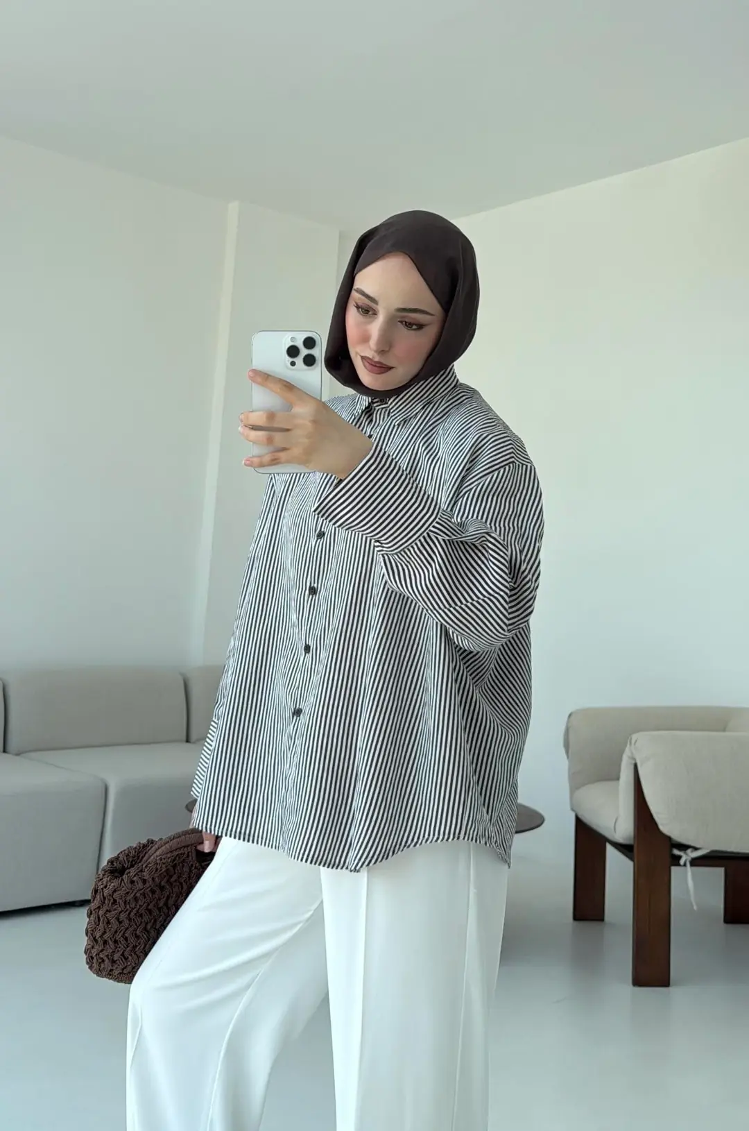 Kalın Manşet Çizgili Gömlek Kahverengi