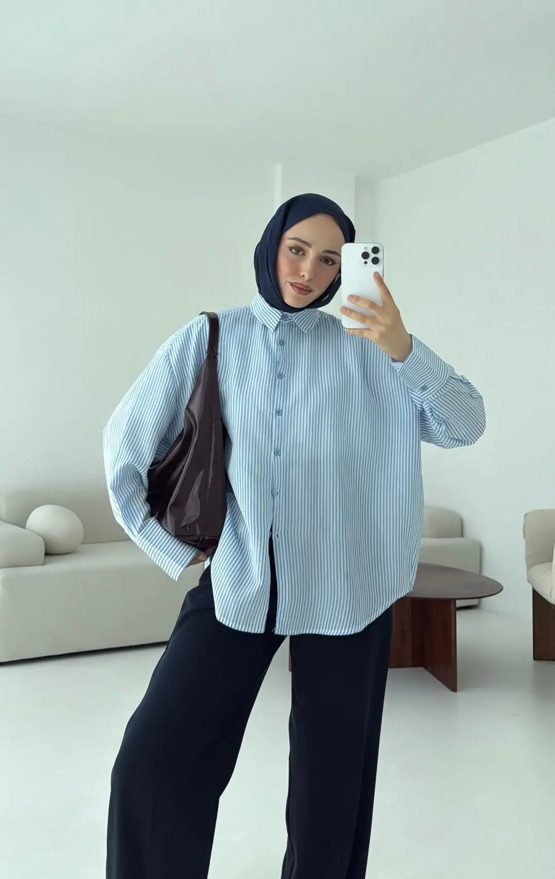 Kalın Manşet Çizgili Gömlek Mavi