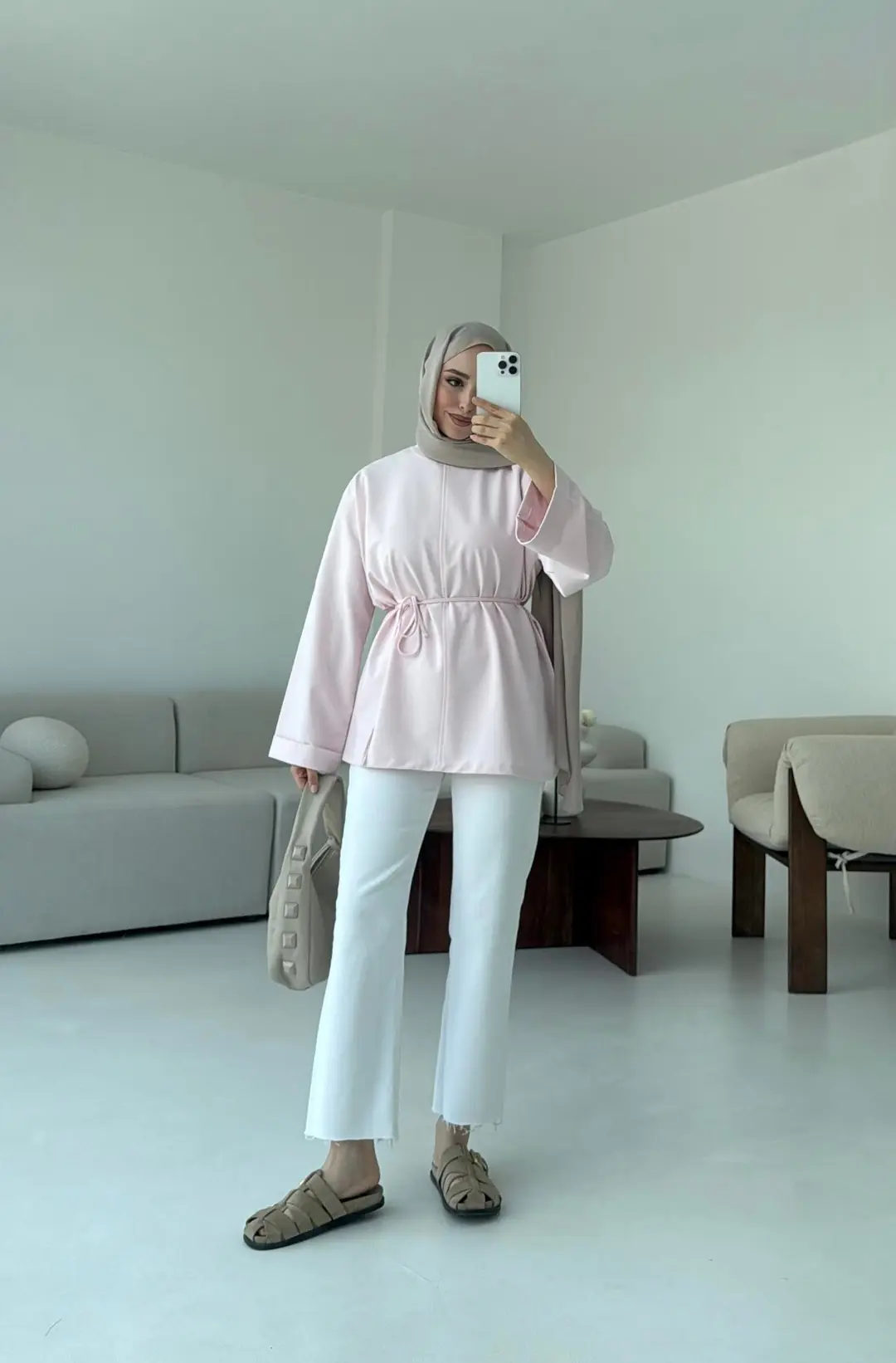 Bağlamalı Yanı Yırtmaç Detay Sweat Pudra