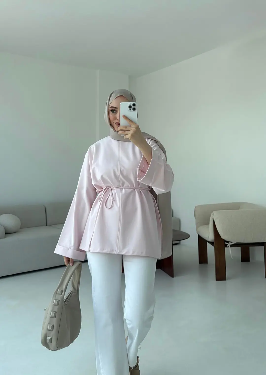 Bağlamalı Yanı Yırtmaç Detay Sweat Pudra
