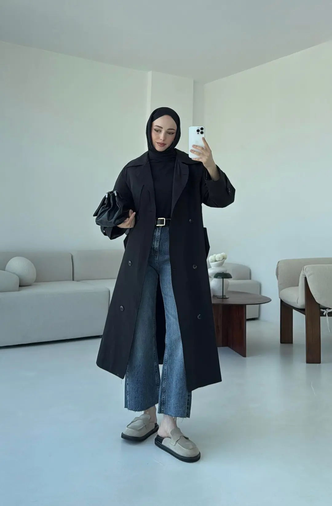 Kuşaklı Premium Trençkot Siyah