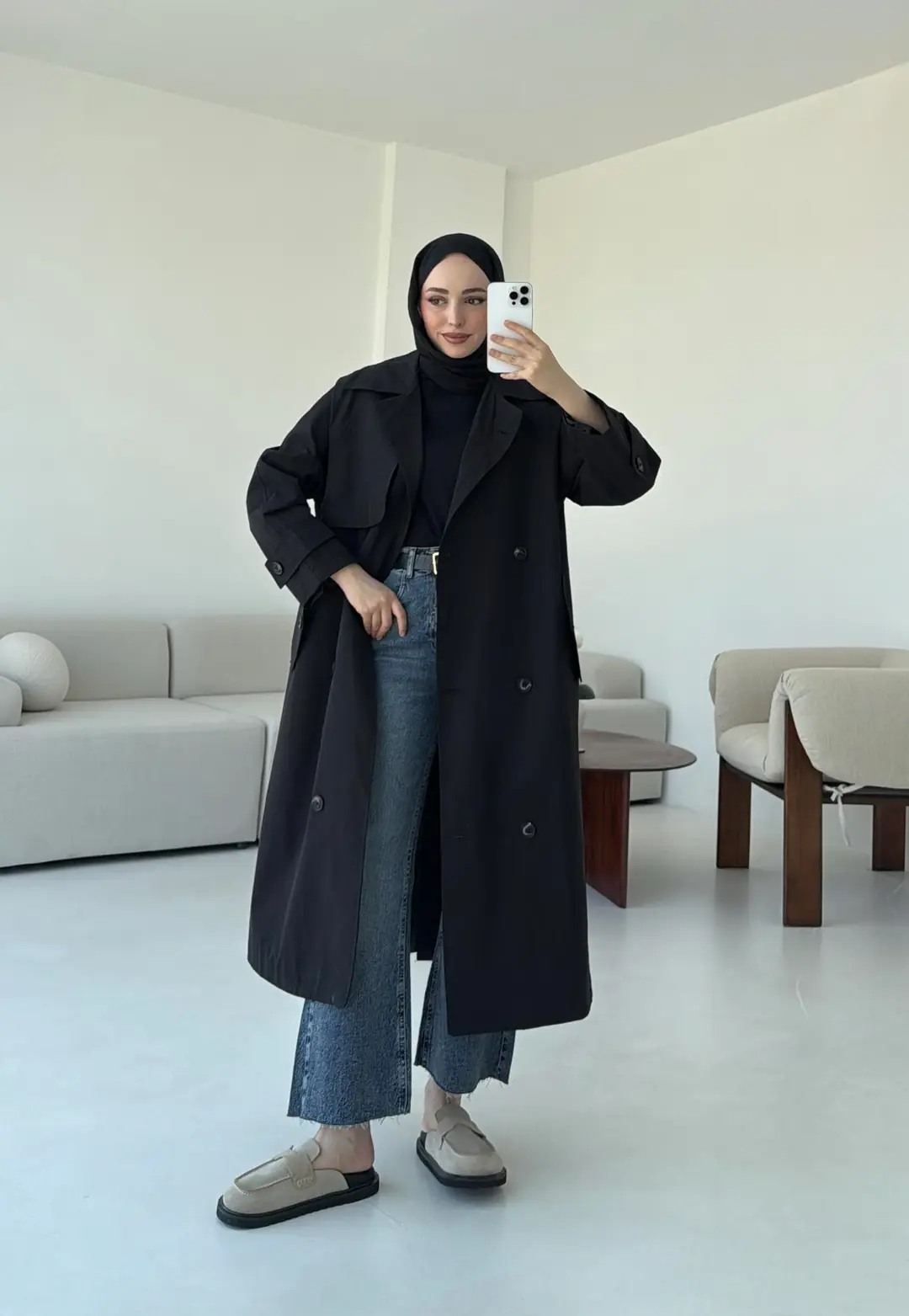 Kuşaklı Premium Trençkot Siyah