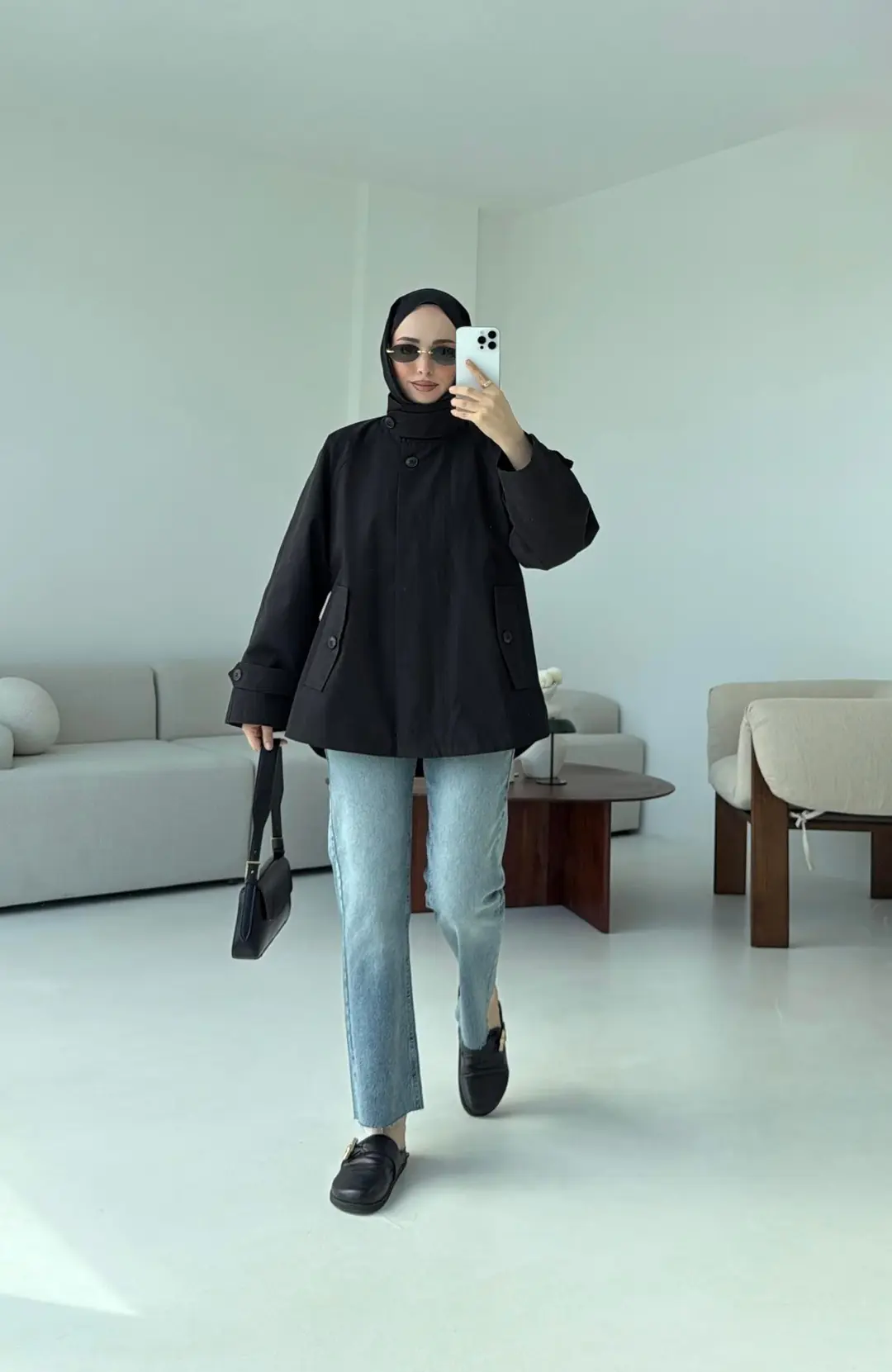 Minimal Yakalı Trençkot Siyah