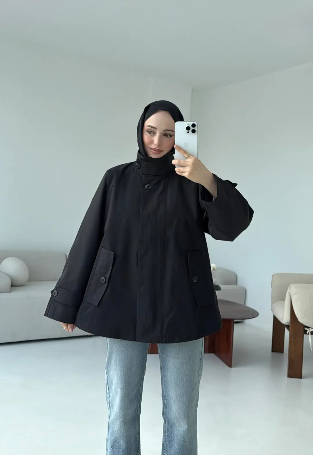 Minimal Yakalı Trençkot Siyah