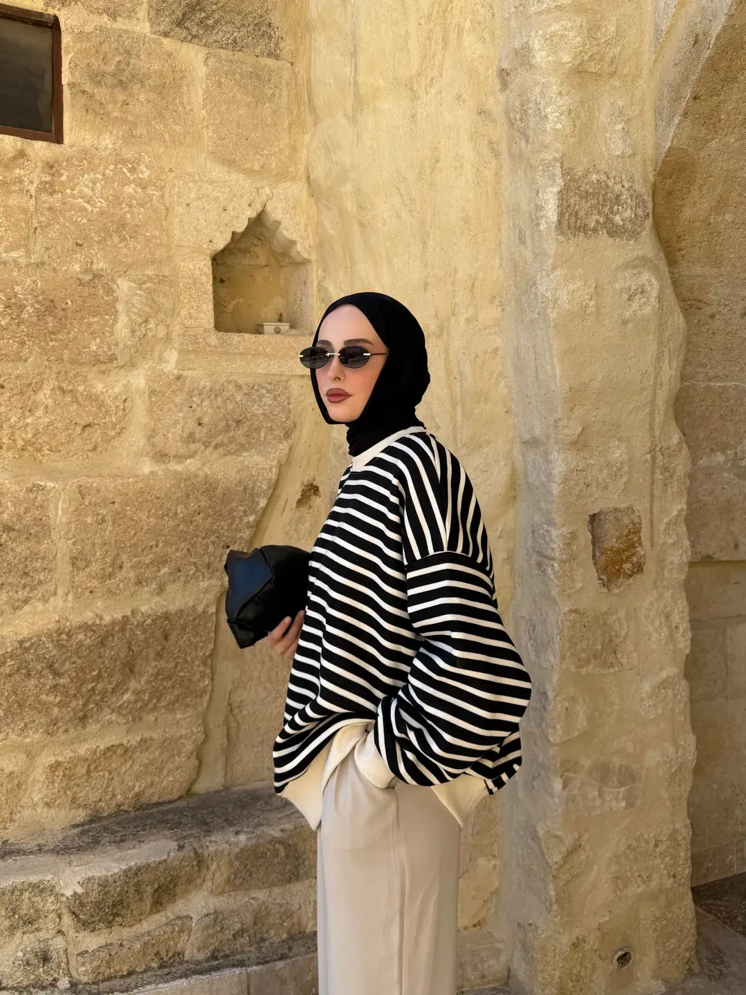 Çizgili Oversize Sweatshirt Ekru