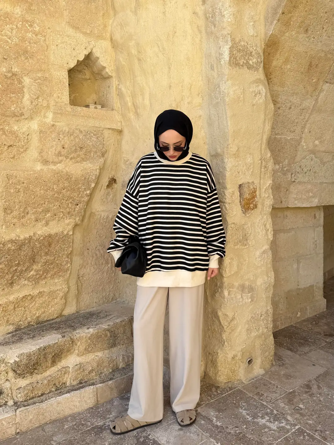 Çizgili Oversize Sweatshirt Ekru
