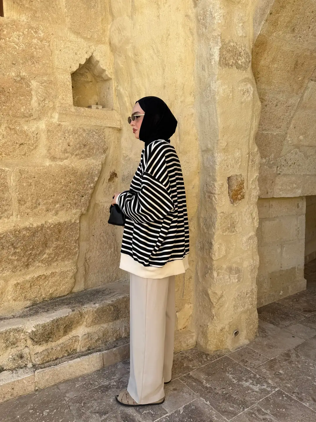 Çizgili Oversize Sweatshirt Ekru