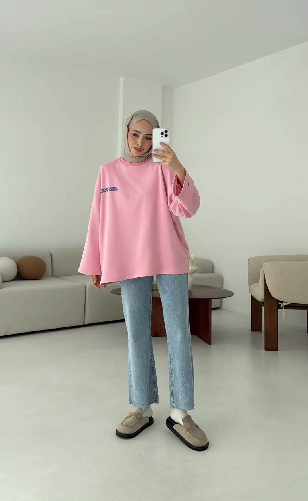 Nakışlı Oversize Sweatshirt Pembe