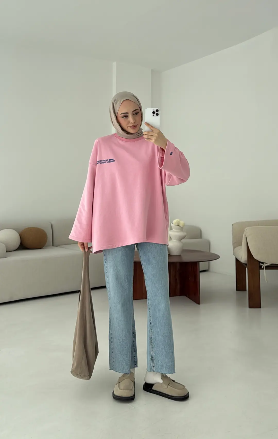Nakışlı Oversize Sweatshirt Pembe