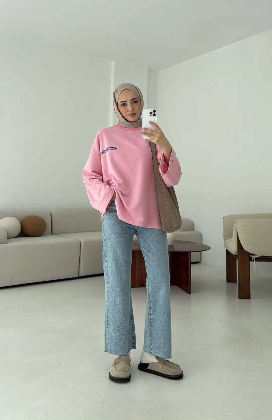 Nakışlı Oversize Sweatshirt Pembe
