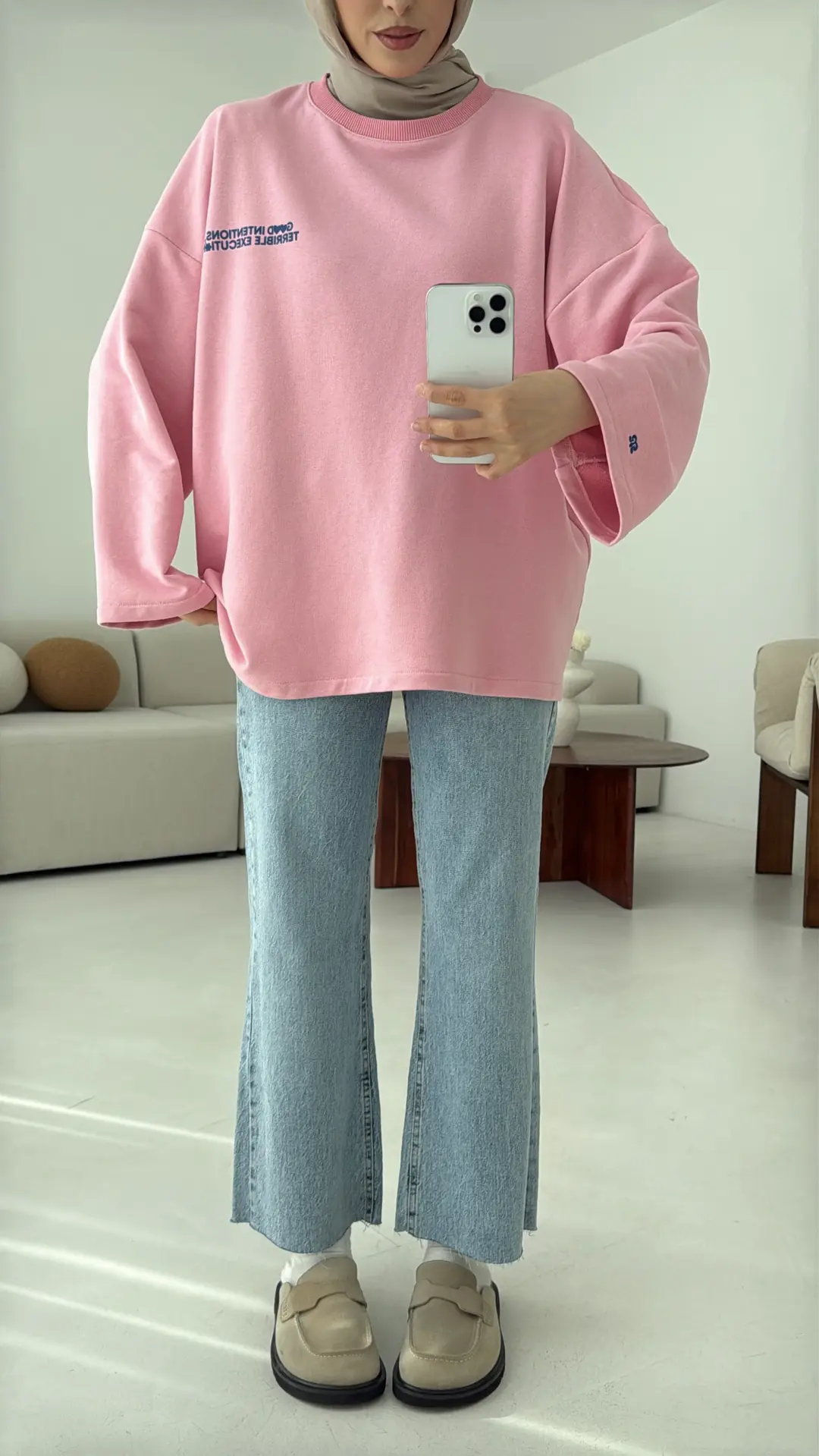 Nakışlı Oversize Sweatshirt Pembe
