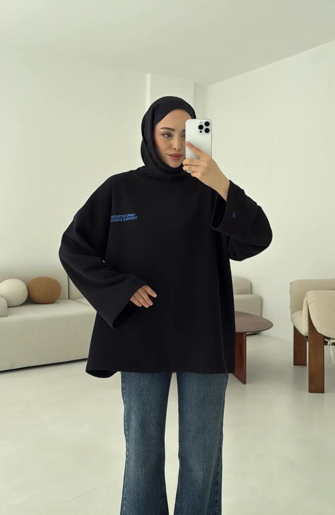 Nakışlı Oversize Sweatshirt Siyah