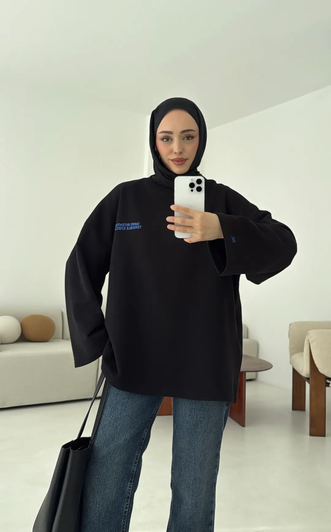 Nakışlı Oversize Sweatshirt Siyah